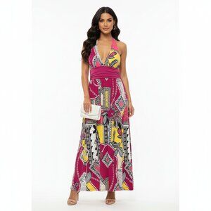 La Scala Dress Small Halter Maxi Psychedelic 70's Hippie Festival Resort Cruise